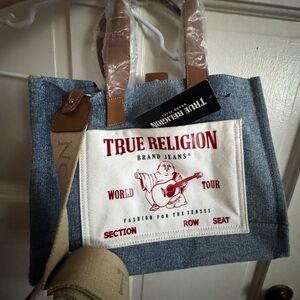 True Religion Blue Denim Tote with Brown and Cream Accents